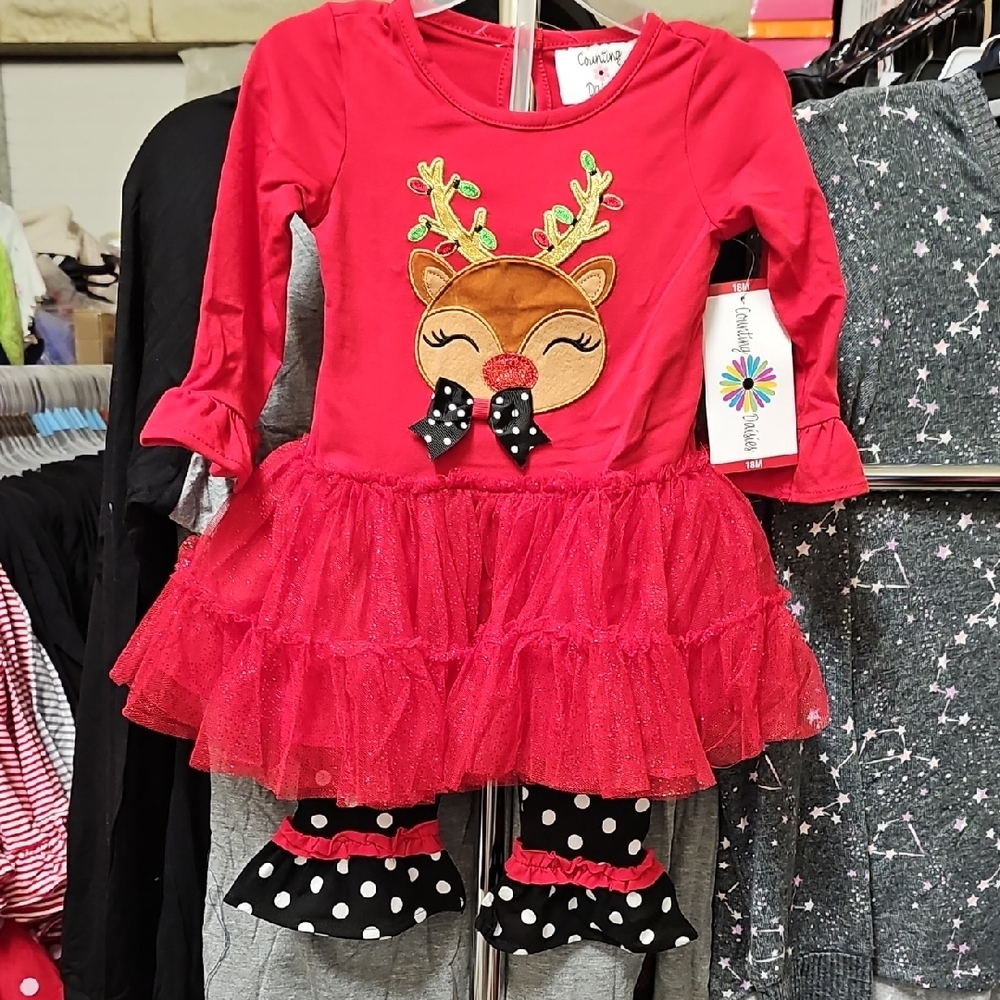 Nwt 2 Piece Red Reindeer Kids Christmas Outfit